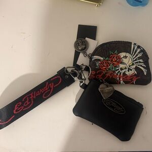 Ed Hardy Black Wristlet Key Pouch with Skull butterfly printed Accent